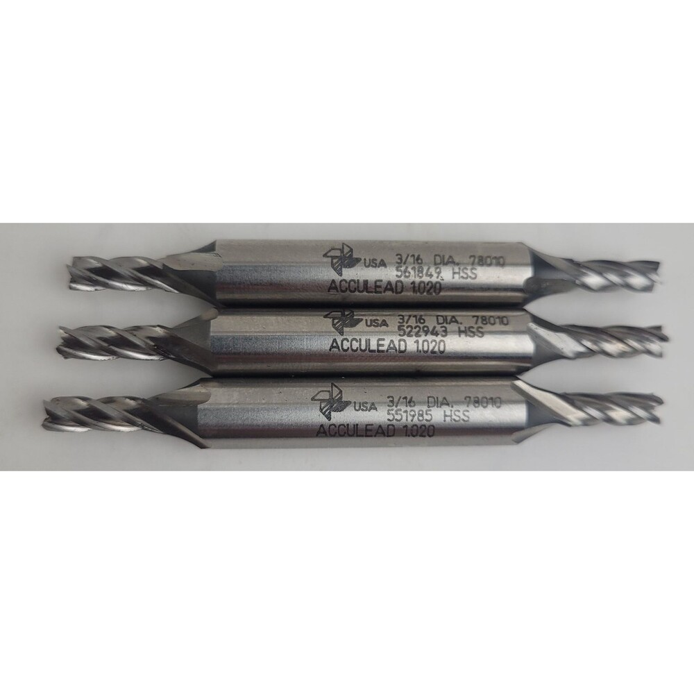 Acculead 3/16 End Mills 3 Pc Lot 2 Flute Double End HSS 78010 1020